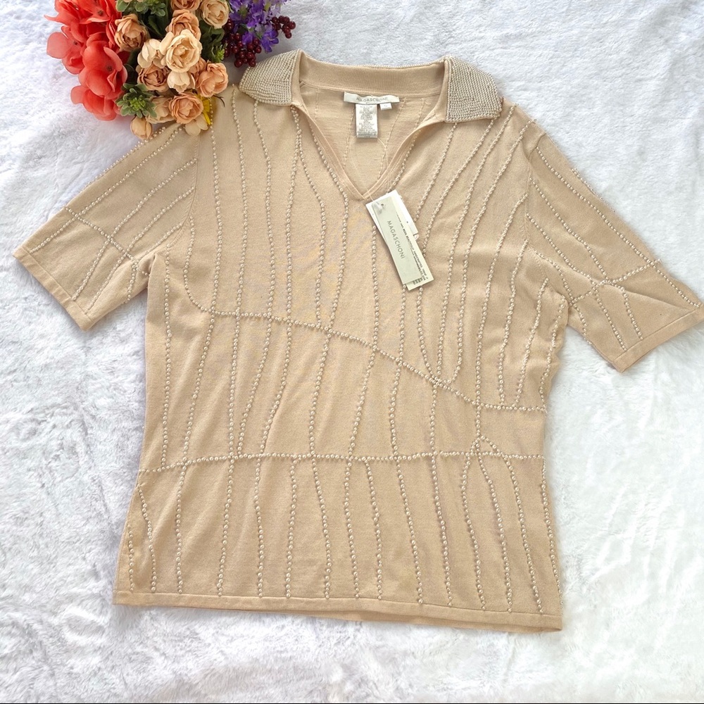 Magaschoni Pearl Beaded Sweat Rose Top  Shirt